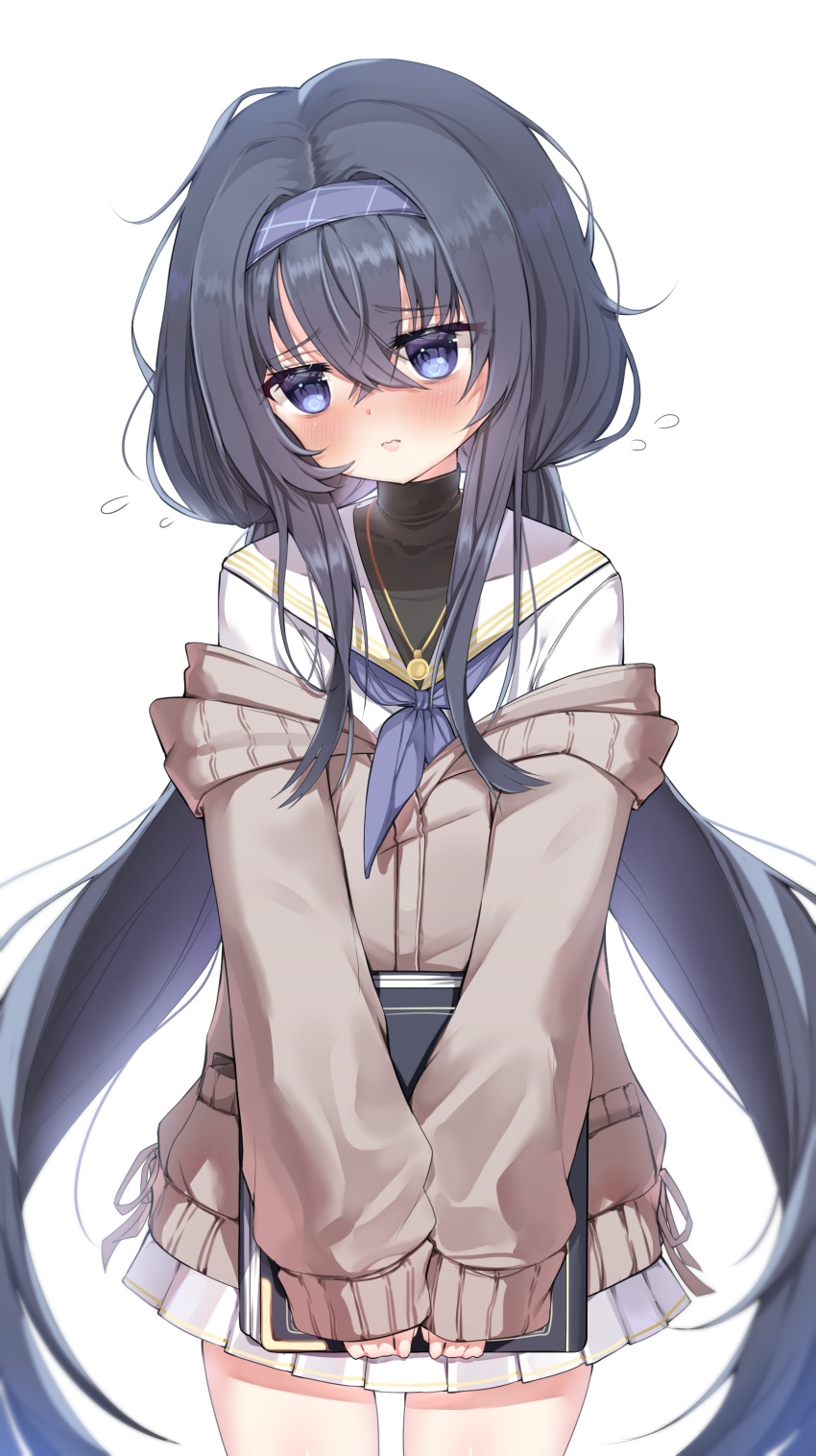 1girl absurdres black_hair blue_archive blue_eyes blush book commentary headband heavy_breathing highres jewelry jua_k01 long_hair looking_at_viewer necklace school_uniform simple_background solo sweat sweater sweating_profusely ui_(blue_archive) white_background