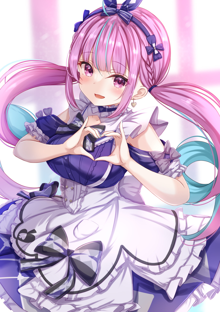 1girl apron bangs blue_dress blue_hair blue_hairband blush breasts colored_inner_hair dress drill_hair earrings eyebrows_visible_through_hair frilled_apron frills hairband hands_up heart heart_earrings heart_hands highres hololive jewelry large_breasts long_hair looking_at_viewer minato_aqua multicolored_hair open_mouth pink_eyes pink_hair short_sleeves smile solo twin_drills twintails very_long_hair virtual_youtuber white_apron yuano