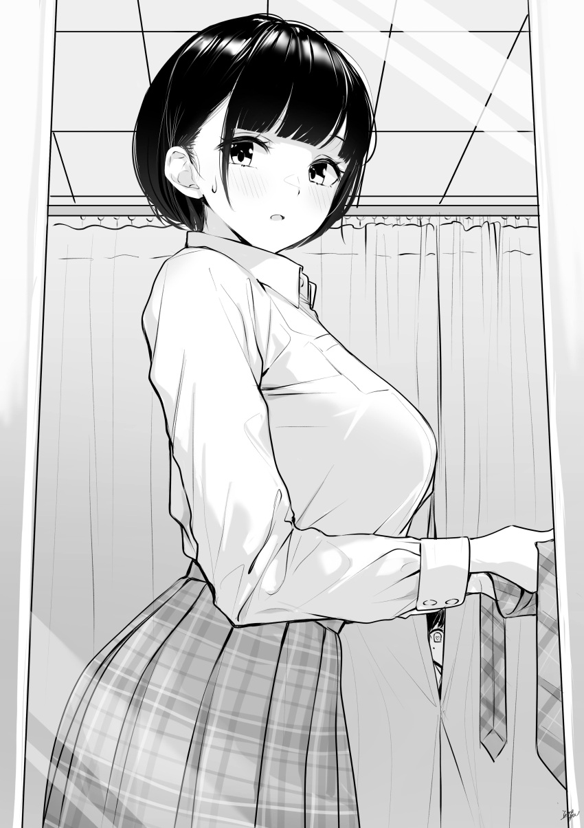 1girl 1other :o absurdres bangs blush breasts ceiling collared_shirt fitting_room from_side greyscale heart heart-shaped_pupils high-waist_skirt highres holding_necktie large_breasts looking_at_another looking_at_viewer looking_to_the_side mole mole_under_eye monochrome necktie necktie_removed original parted_lips peeking peeping plaid plaid_necktie plaid_skirt pleated_skirt school_uniform shirt short_hair skirt solo_focus sweat symbol-shaped_pupils takenoko_no_you tile_ceiling tiles