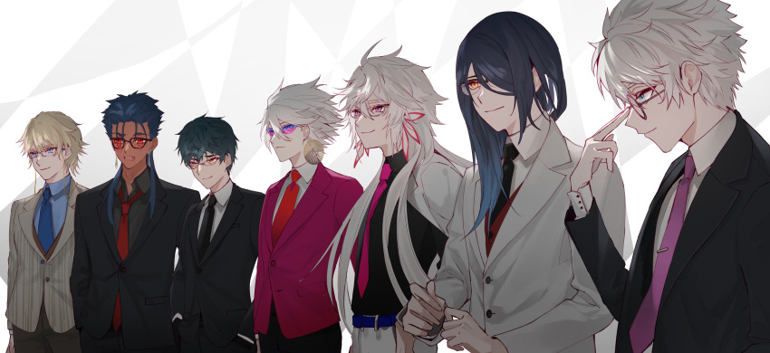 00kashian00 6+boys abstract_background absurdres black_hair black_necktie black_suit blonde_hair blue_eyes blue_hair blue_necktie charles-henri_sanson_(fate) closed_mouth cu_chulainn_(fate) cu_chulainn_alter_(fate/grand_order) facial_mark fate/grand_order fate_(series) formal gawain_(fate) glasses hair_strand highres karna_(fate) long_hair looking_away male_focus merlin_(fate) messy_hair multiple_boys necktie open_mouth paracelsus_(fate) purple_necktie red_eyes red_necktie saitou_hajime_(fate) sharp_teeth smile standing suit tan tattoo teeth upper_body violet_eyes white_hair white_suit yellow_eyes