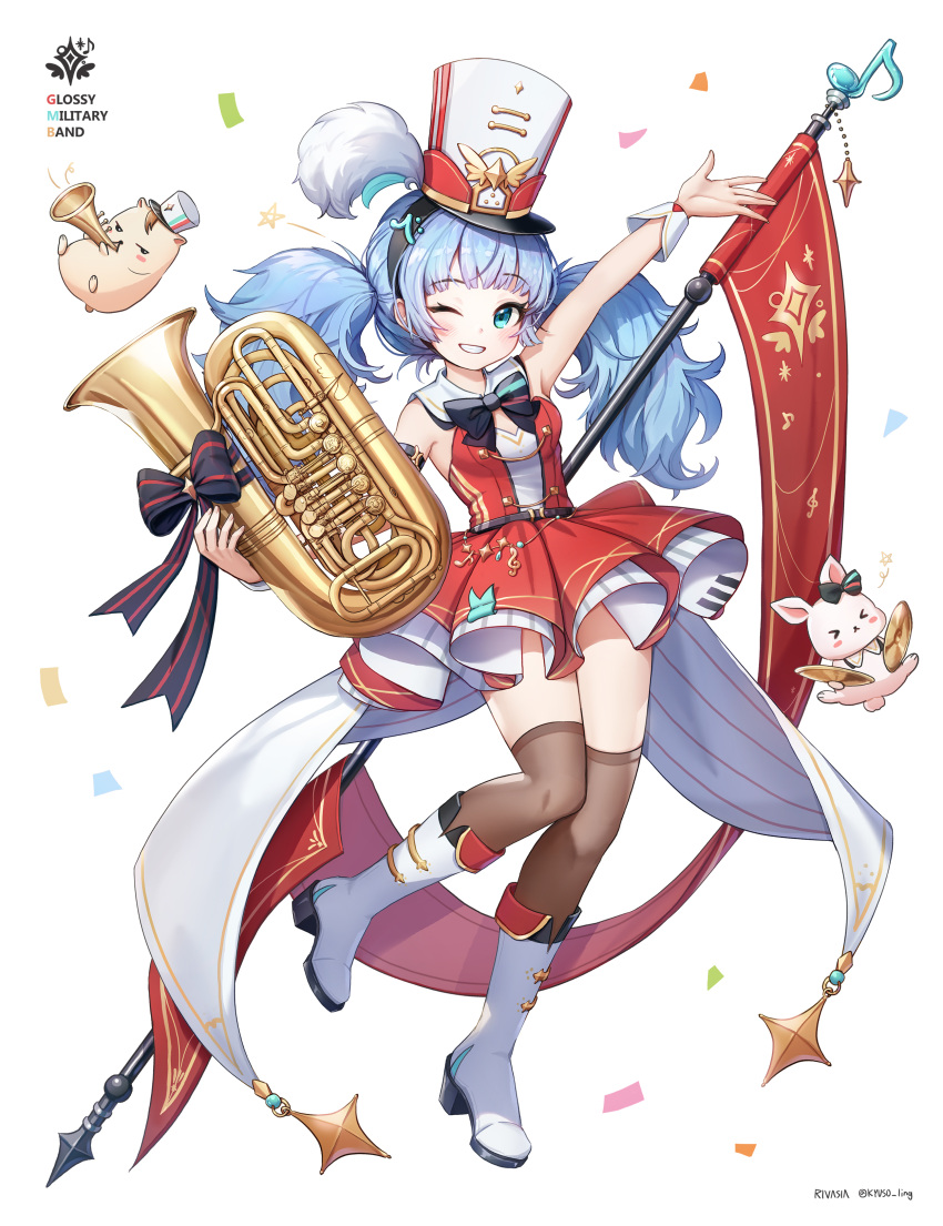 1girl ;) absurdres arm_up bangs black_bow black_bowtie blue_eyes blue_hair boots bow bowtie breasts brown_legwear confetti dress eyebrows_visible_through_hair full_body grin hamster hat highres holding holding_instrument instrument instrument_request kasia0309 long_hair looking_at_viewer medium_breasts musical_note one_eye_closed original rabbit red_dress sleeveless sleeveless_dress smile solo thigh-highs thighhighs_under_boots tuba twintails white_footwear wrist_cuffs