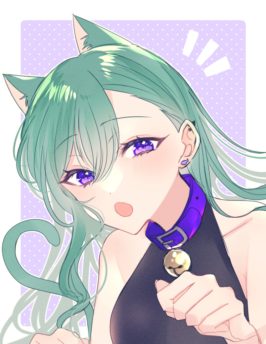 1girl :o animal_ear_fluff animal_ears bangs bell breasts cat_ears cat_girl cat_tail clenched_hand collarbone eyebrows_visible_through_hair green_hair halter_top halterneck hatori_naco highres kemonomimi_mode looking_at_viewer medium_breasts open_mouth paw_pose portrait solo tail violet_eyes virtual_youtuber vspo! yakumo_beni