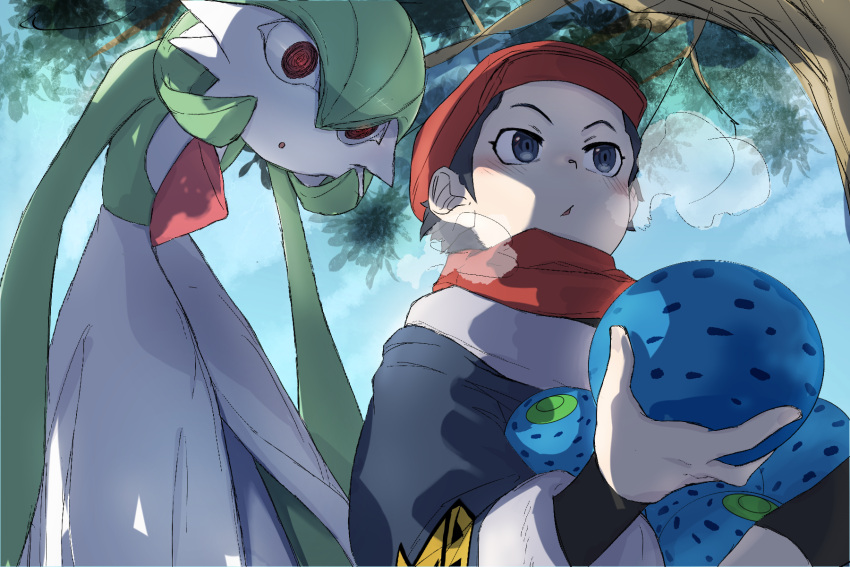 1boy 1girl alpha_pokemon backlighting bangs berry_(pokemon) black_eyes black_hair blue_kimono blue_sky blush bob_cut breath cabbie_hat colored_skin commentary_request day flat_chest food from_below fruit gardevoir green_hair green_skin hand_up hat highres holding holding_food holding_fruit japanese_clothes kimono layered_sleeves leaning_forward long_sleeves looking_at_another looking_down multicolored_skin open_mouth oran_berry outdoors pokemon pokemon_(creature) pokemon_(game) pokemon_legends:_arceus red_eyes red_headwear red_scarf rei_(pokemon) scarf short_hair sky standing tree two-tone_skin upper_body v_atama white_skin wide_sleeves