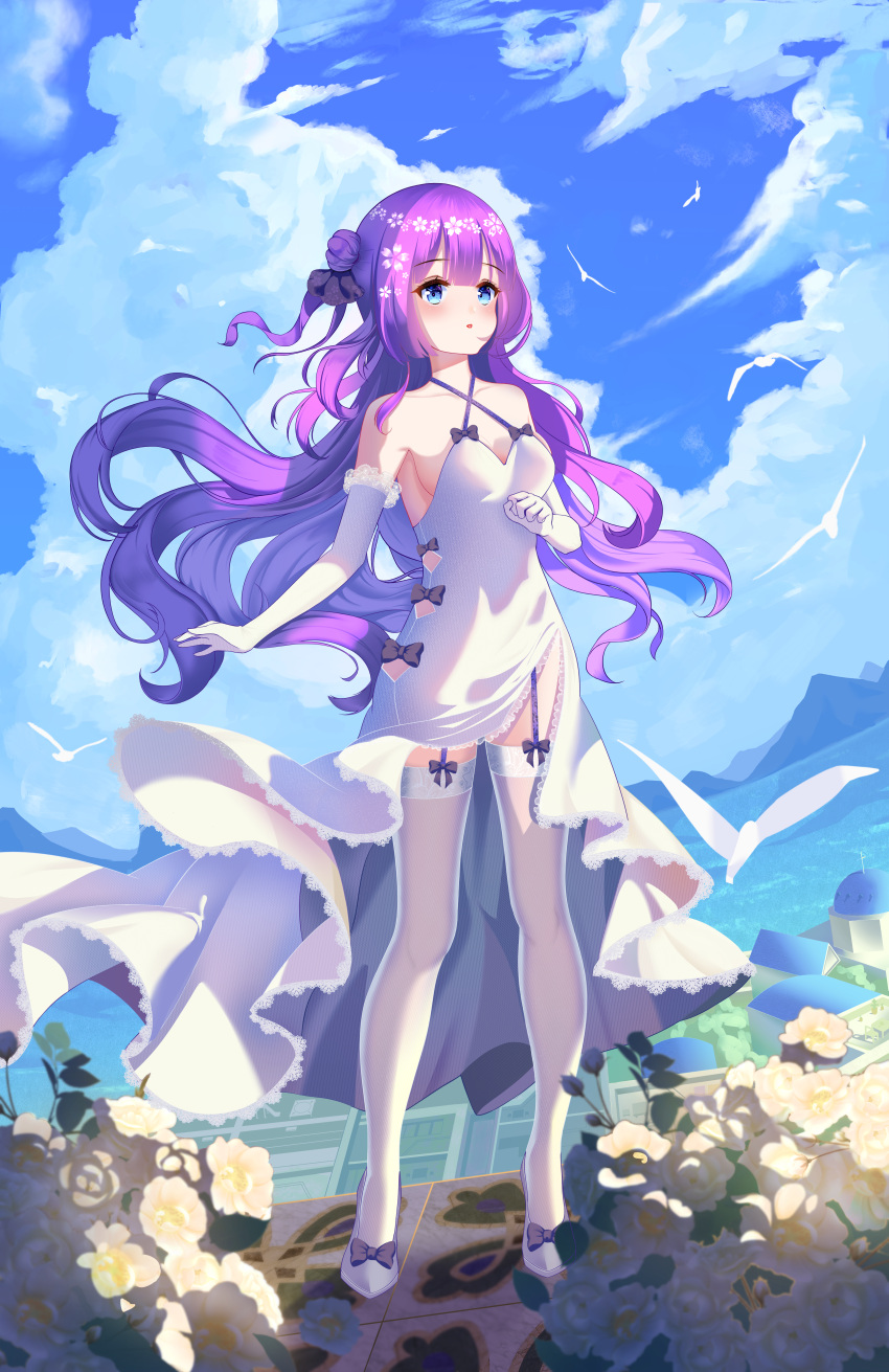 1girl absurdres azur_lane bangs bare_shoulders bird blue_eyes blunt_bangs bow breasts chinese_commentary clouds collarbone dress eyebrows_visible_through_hair floating_hair flower frilled_dress frills full_body fur_trim garter_straps gloves hair_between_eyes hair_flower hair_ornament highres koala-mitsuri legs_apart long_hair looking_ahead open_mouth outdoors parted_lips purple_bow purple_hair sky solo standing sunlight thigh-highs unicorn_(azur_lane) wedding_dress white_dress white_flower white_gloves white_legwear