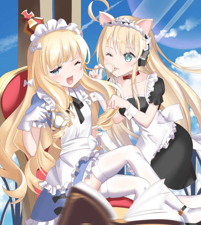 2girls albacore_(a_catty_surprise!)_(azur_lane) albacore_(azur_lane) animal_ears apron azur_lane black_dress black_hairband blonde_hair blue_dress blue_eyes blue_sky cat_girl chair clouds collar crown dress fang frilled_dress frilled_hairband frills gloves green_eyes hairband highres maid maid_apron mini_crown multiple_girls nishigotanda3 official_alternate_costume one_eye_closed open_mouth paw_pose queen_elizabeth_(azur_lane) queen_elizabeth_(yes_your_maidness!)_(azur_lane) red_collar sitting sky thigh-highs tongue tongue_out white_apron white_gloves white_legwear window wrist_cuffs