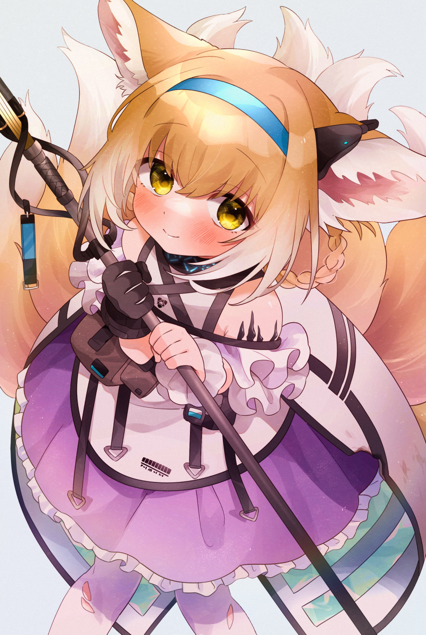 1girl absurdres animal_ear_fluff animal_ears arknights bangs bare_shoulders black_gloves blonde_hair blue_hairband blush braid closed_mouth commentary_request eyebrows_visible_through_hair fox_ears fox_girl fox_tail frilled_skirt frills gloves gradient_hair grey_background hair_between_eyes hair_rings hairband highres holding kitsune looking_at_viewer multicolored_hair pantyhose purple_skirt shirt single_glove skirt smile solo standing suzuran_(arknights) tail takumi_mizuki torn_clothes torn_legwear twin_braids white_hair white_legwear white_shirt wrist_cuffs yellow_eyes