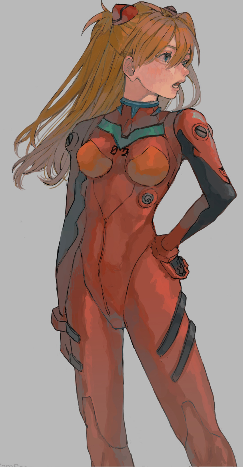 1girl absurdres blue_eyes bodysuit breasts commentary facing_away feet_out_of_frame grey_background hairpods hand_on_hip highres interface_headset long_hair looking_away neon_genesis_evangelion open_mouth orange_hair plugsuit red_bodysuit simple_background skin_tight small_breasts solo souryuu_asuka_langley yudoufu_(yudouhu_1212)