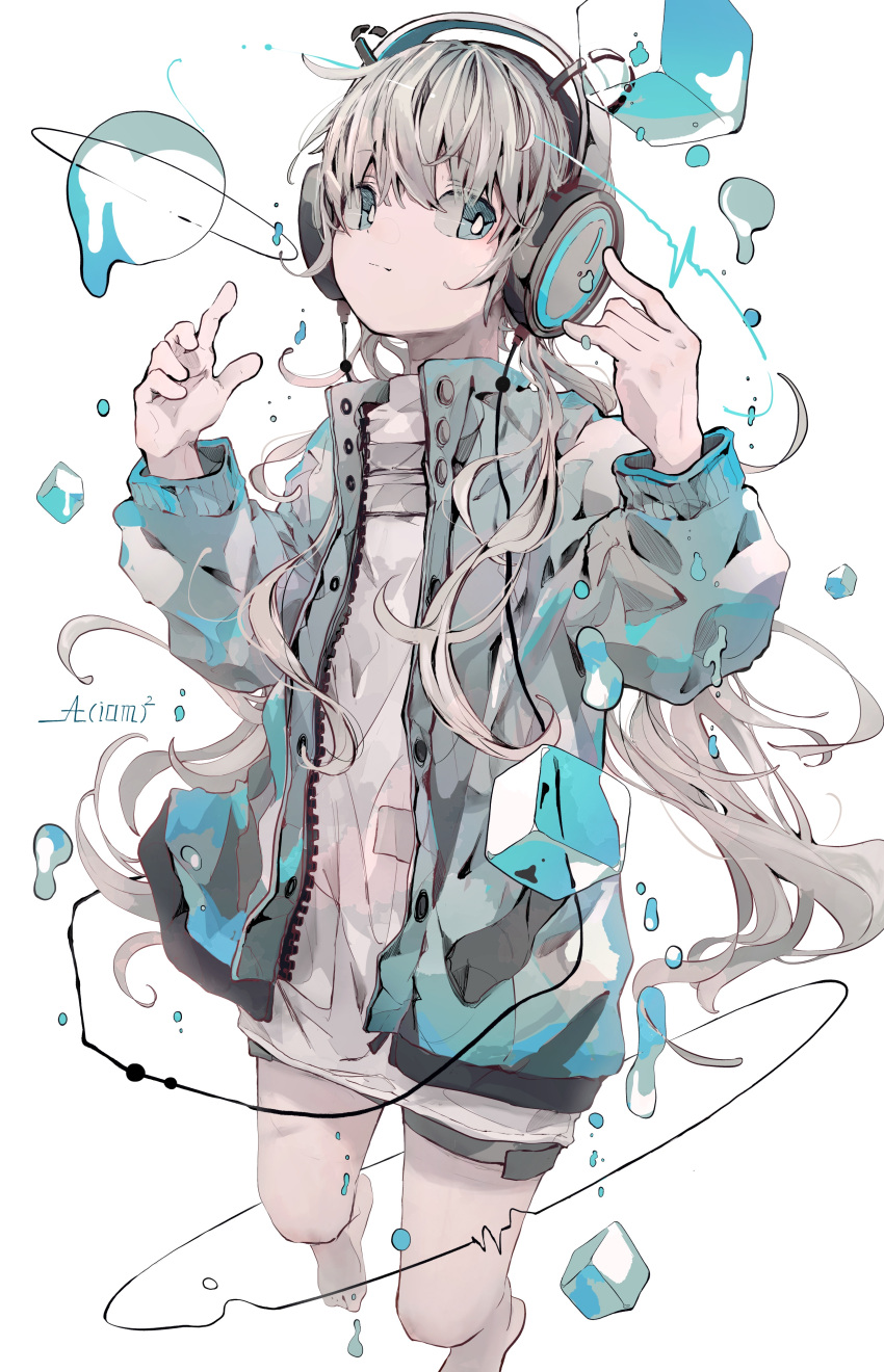 1girl absurdres aiamu_iamu aqua_eyes artist_name audio_spectrum blue_jacket closed_mouth clothing_request commentary commentary_request dripping feet feet_out_of_frame floating grey_hair hands_up headphones highres ice ice_cube jacket legs long_hair looking_to_the_side original shorts signature simple_background smile water white_background