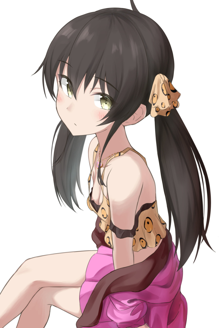 1girl absurdres animal_print artist_request bare_shoulders black_hair commentary_request crossed_legs heart heart_necklace highres idolmaster idolmaster_cinderella_girls jacket leopard_print long_hair looking_at_viewer matoba_risa off_shoulder pink_jacket print_camisole print_ribbon ribbon sitting solo twintails white_background yellow_eyes