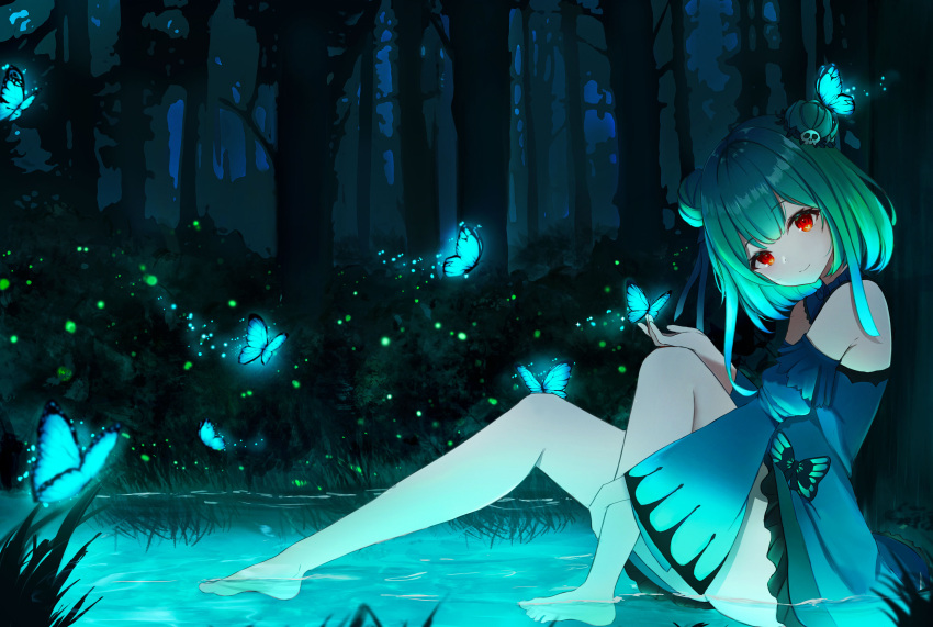 1girl absurdres bangs bare_shoulders barefoot blunt_bangs bug bush butterfly butterfly_on_hand butterfly_on_head closed_mouth commentary detached_collar detached_sleeves double_bun dress eyebrows_visible_through_hair fireflies forest from_side grass green_dress green_hair head_tilt highres hololive hwa_sawa legs nature night red_eyes reflection reflective_water short_dress short_hair short_hair_with_long_locks sitting smile soaking_feet solo tree uruha_rushia virtual_youtuber water