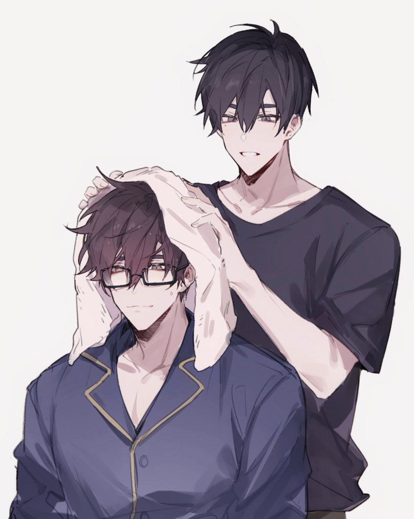 2boys bangs black-framed_eyewear black_hair black_shirt brown_eyes brown_hair buried_stars chinese_commentary closed_mouth commentary_request glasses grey_eyes hair_between_eyes han_do-yoon highres holding holding_towel lee_gyu-hyuk looking_at_another male_focus mole mole_under_eye multiple_boys parted_lips shirt short_sleeves simple_background standing towel towel_on_head white_background yusa_(yusa0751)