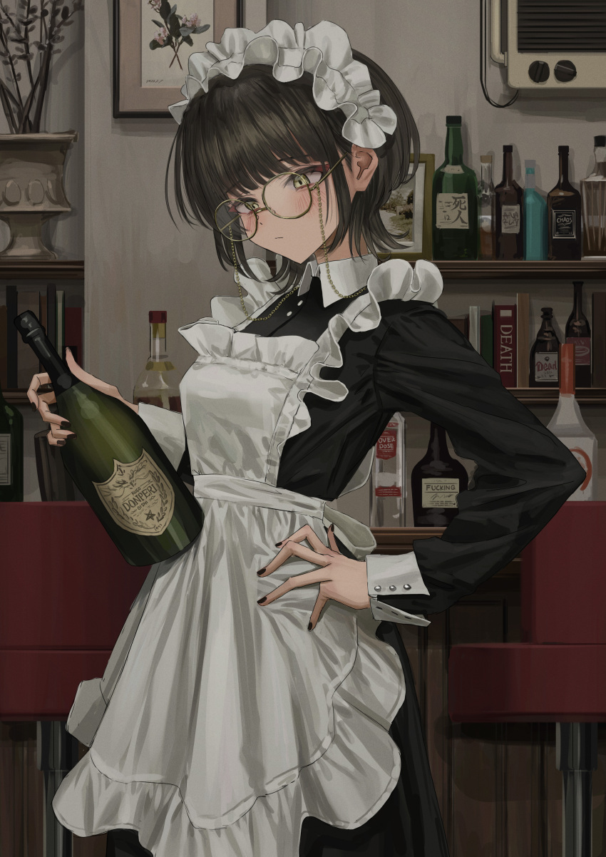 1girl :| absurdres air_conditioner alcohol apron bangs black_hair black_nails blunt_bangs blush breasts closed_mouth collared_dress commentary cowboy_shot dress english_commentary frilled_apron frills glasses green_eyes hand_on_hip highres holding indoors maid_apron maid_headdress medium_breasts nadegata original picture_(object) picture_frame plant profanity revision short_hair solo standing stool vase vodka waitress wine