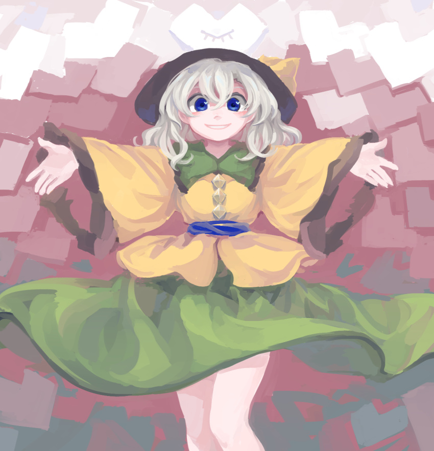 1girl bangs blouse blue_eyes blush buttons collared_blouse diamond_button frilled_shirt_collar frilled_sleeves frills green_skirt grin heart heart_in_eye highres komeiji_koishi light_green_hair long_skirt long_sleeves looking_at_viewer medium_hair otama_(jcts) outstretched_arms skirt smile solo standing symbol_in_eye touhou wavy_hair wide_sleeves yellow_blouse