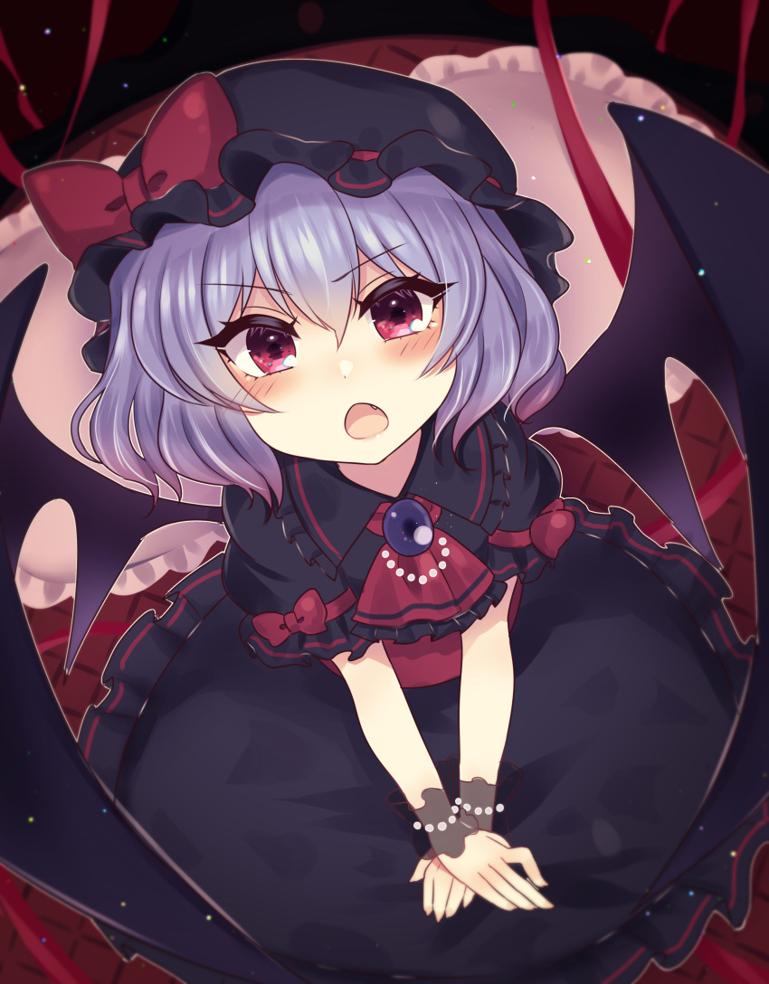 1girl :o absurdres alternate_color ascot bangs bat_wings black_dress black_headwear bow dress eyebrows_visible_through_hair fang from_above highres looking_at_viewer open_mouth purple_hair red_ascot red_bow red_eyes remilia_scarlet short_hair short_sleeves solo subaru_(subachoco) touhou v-shaped_eyebrows wings