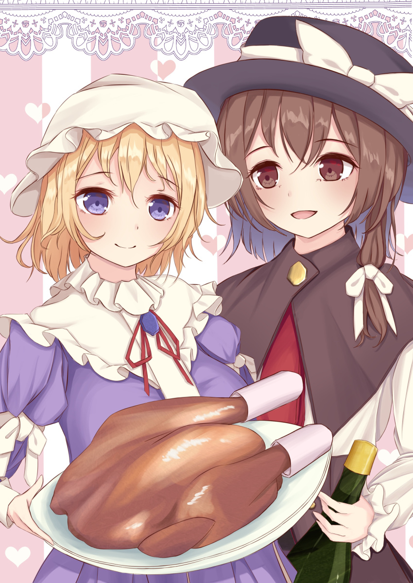 2girls absurdres alcohol aqpaca bangs blonde_hair blush bottle bow bowtie breasts brown_capelet brown_eyes brown_hair buttons capelet chicken_(food) commentary_request dress eyebrows_visible_through_hair food frills grey_headwear hair_between_eyes hair_bow hand_up hands_up hat hat_bow heart highres juliet_sleeves long_sleeves looking_at_another looking_at_viewer maribel_hearn medium_breasts mob_cap multiple_girls necktie open_mouth pink_background pink_heart plate puffy_long_sleeves puffy_sleeves purple_dress red_bow red_bowtie red_necktie shirt smile standing striped striped_background touhou usami_renko violet_eyes white_background white_bow white_headwear white_shirt wine