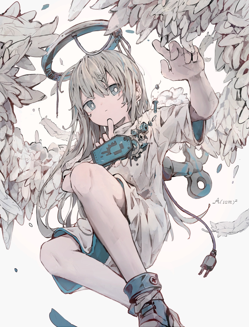 absurdres aiamu_iamu angel angel_wings artist_name closed_mouth clothing_request commentary commentary_request feathered_wings feathers grey_eyes grey_hair halo highres legs looking_at_viewer original shirt shoes signature simple_background white_background white_shirt wings