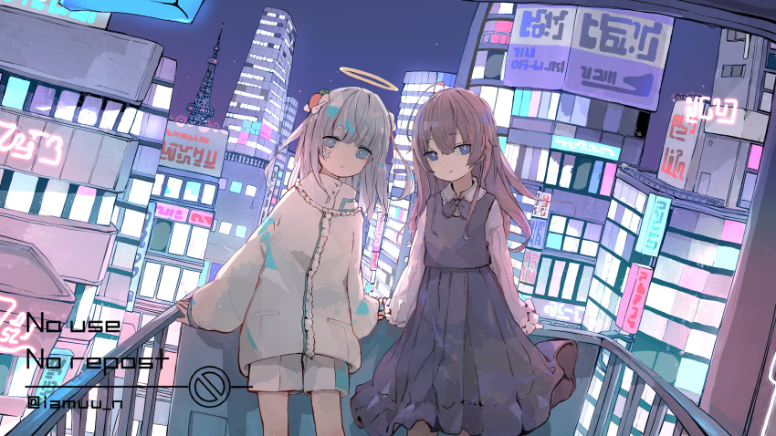 2girls absurdres aiamu_iamu aqua_eyes artist_name black_dress blue_eyes brown_hair city cityscape clothing_request coat commentary commentary_request dress english_text grey_hair halo highres leaning_on_rail looking_at_viewer multiple_girls neon_lights original shorts signature standing tower white_coat white_shorts