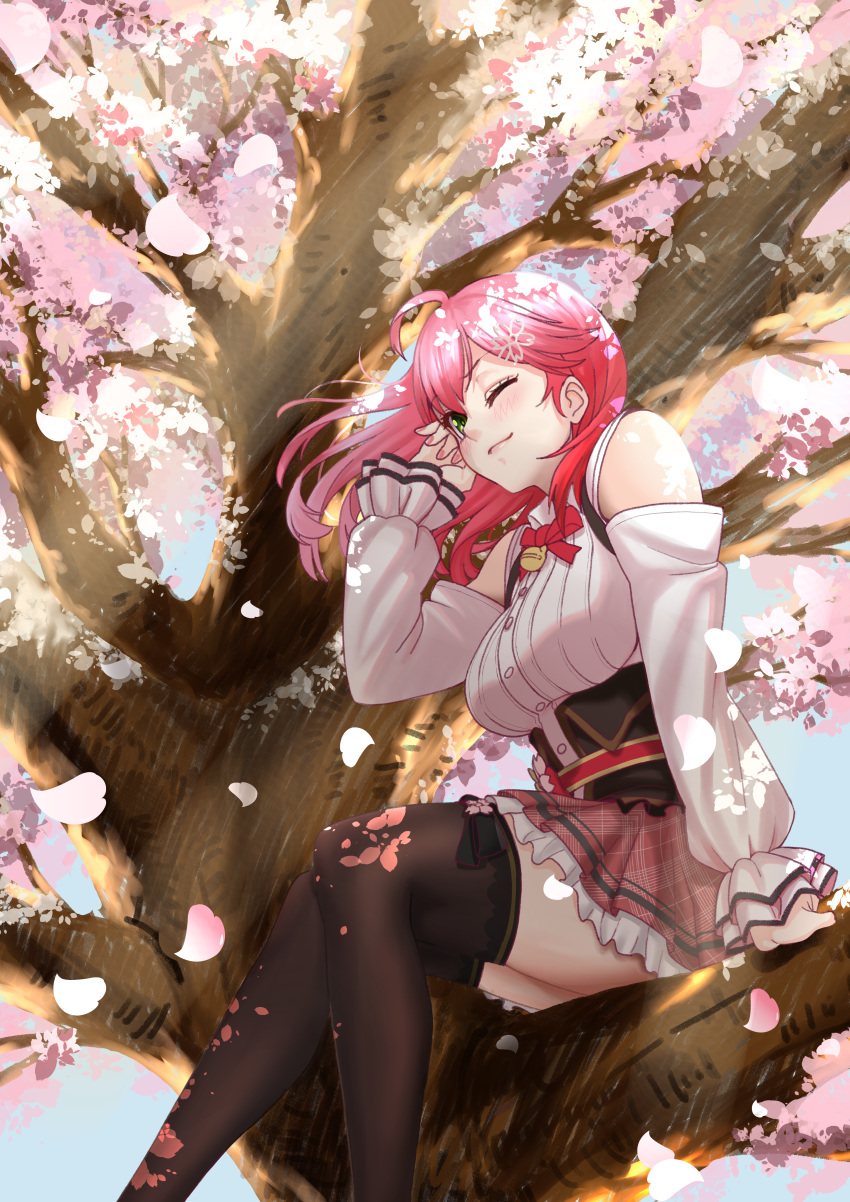 1girl absurdres adjusting_hair ahoge black_corset black_legwear branch breasts cherry_blossoms cherry_tree corset detached_sleeves falling_petals feet_out_of_frame floating_hair green_eyes hand_up highres hololive in_tree kuara-mai19 long_hair looking_at_viewer medium_breasts one_eye_closed petals pink_hair plaid plaid_skirt sakura_miko shirt sitting sitting_in_tree skirt sleeveless sleeveless_shirt smile solo thigh-highs tree virtual_youtuber white_shirt wind