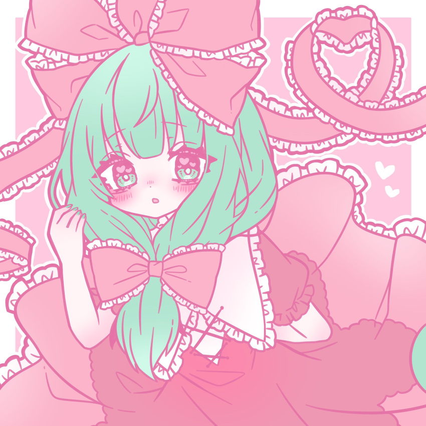 1girl bangs blush bow commentary_request deformed dress expressionless eyebrows_visible_through_hair eyes_visible_through_hair frilled_dress frilled_ribbon frilled_sleeves frills front_ponytail green_eyes green_hair green_nails hair_bow hair_ribbon heart heart-shaped_pupils heart_of_string highres kagiyama_hina lolita_1105_15 long_dress medium_hair open_mouth puffy_short_sleeves puffy_sleeves red_dress red_ribbon ribbon short_sleeves solo symbol-shaped_pupils touhou upper_body