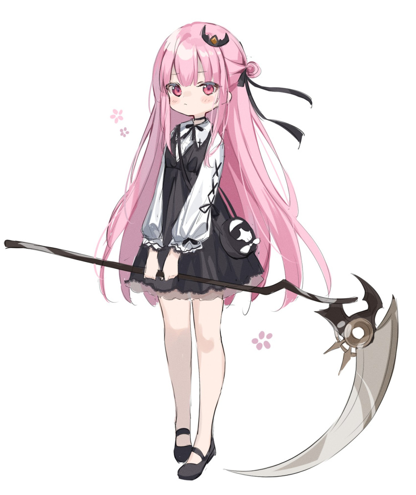 1girl bag bare_legs black_footwear black_ribbon child commentary crown death-sensei_(mori_calliope) dress full_body hair_ribbon highres holding holding_scythe hololive hololive_english long_hair long_sleeves looking_at_viewer mini_crown mori_calliope pink_eyes pink_hair puffy_long_sleeves puffy_sleeves ribbon scythe shoes shoulder_bag shouu-kun side_bun simple_background solo tilted_headwear very_long_hair virtual_youtuber white_background younger