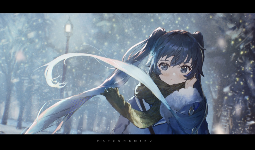 1girl bangs bare_tree blue_coat blue_eyes blue_hair blurry blurry_background character_name closed_mouth coat depth_of_field eyebrows_visible_through_hair fur-trimmed_coat fur_trim hair_between_eyes hand_up hatsune_miku highres hirooriginals lamppost letterboxed light_blush long_hair looking_at_viewer scarf smile snow snowing solo striped striped_scarf tree twintails upper_body vertical-striped_scarf vertical_stripes vocaloid winter winter_clothes winter_coat yellow_scarf