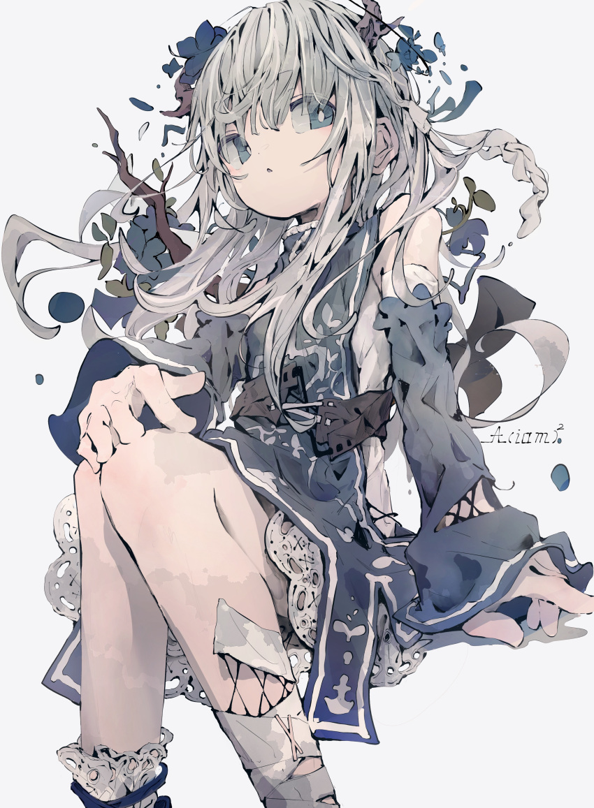 1girl absurdres aiamu_iamu artist_name blue_eyes clothing_request commentary commentary_request dress ears_visible_through_hair feet_out_of_frame flower grey_eyes grey_hair hair_flower hair_ornament hand_on_own_knee highres long_hair looking_to_the_side open_mouth original signature simple_background sitting stick twig white_background