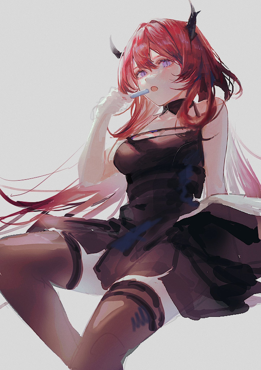 1girl arknights black_collar black_dress black_legwear collar demon_horns detached_collar dress food grey_background hair_between_eyes highres holding holding_food horns long_hair looking_at_viewer popsicle redhead simple_background sketch sleeveless sleeveless_dress slit_pupils solo surtr_(arknights) thigh-highs tsukiiro unfinished very_long_hair violet_eyes