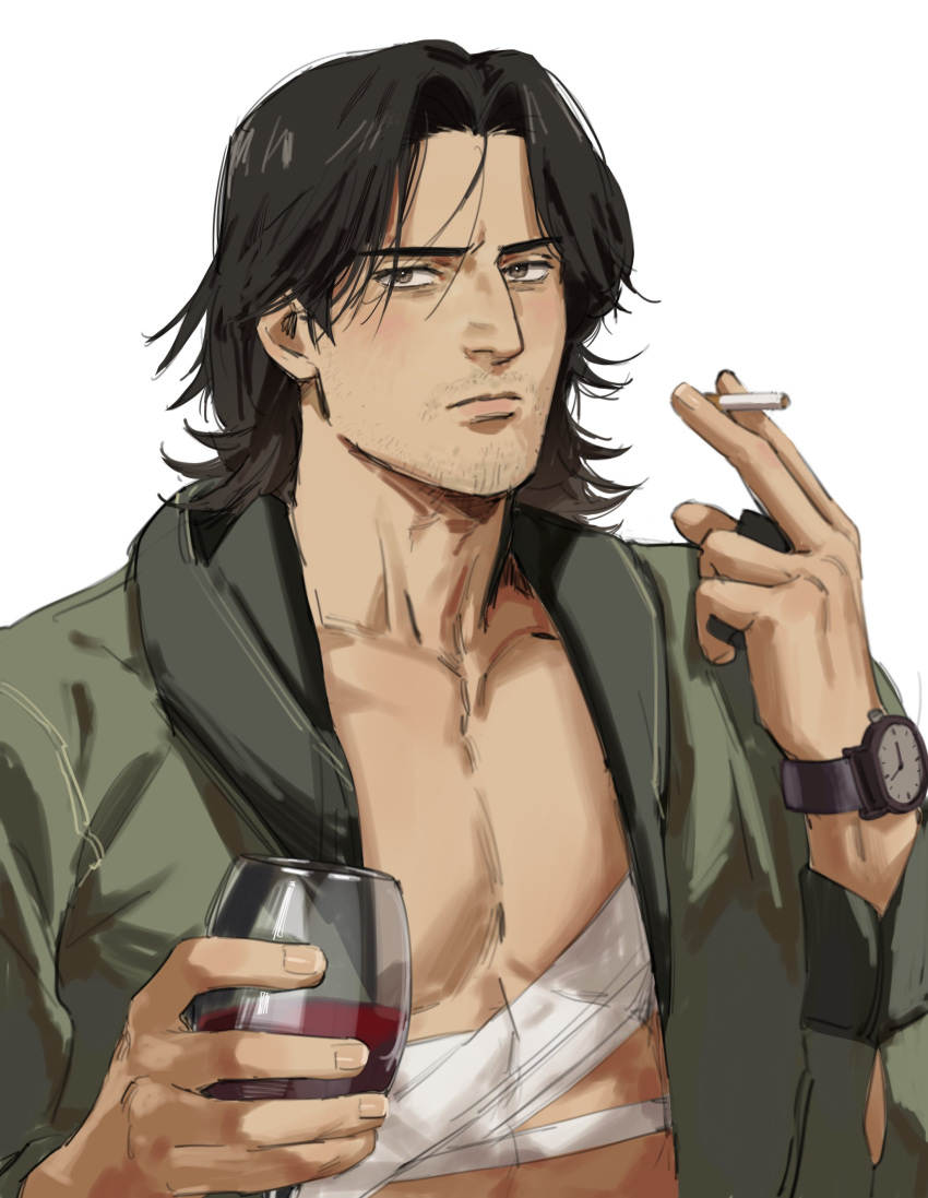 1boy absurdres alcohol character_request cigarette copyright_request cup drinking_glass dudlesnoodles english_commentary facial_hair goblet highres holding looking_at_viewer male_focus short_hair simple_background smoking solo tagme watch watch white_background wine wine_glass