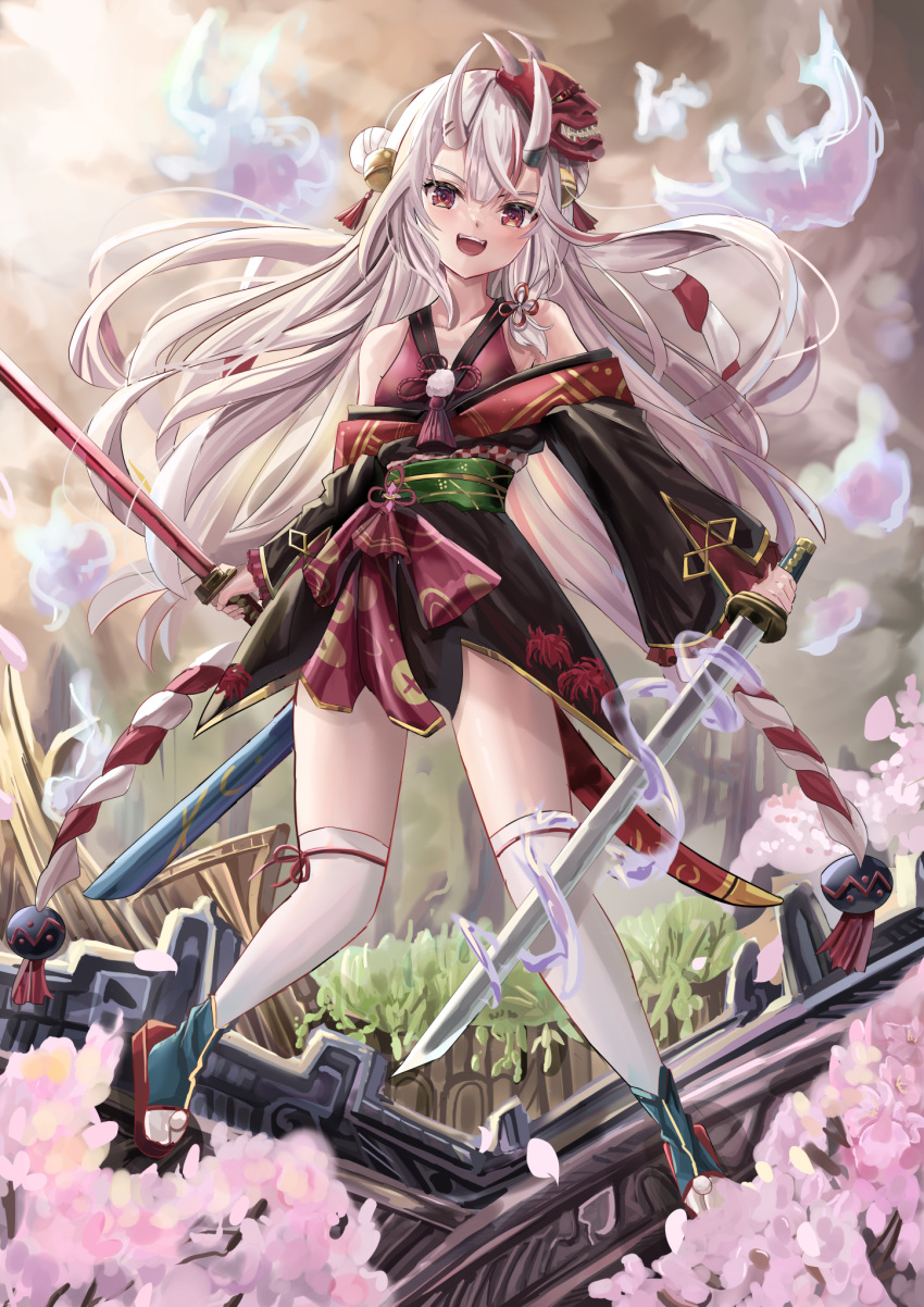 1girl bangs bell black_kimono blush cherry_blossoms commentary_request double_bun dual_wielding eyebrows_visible_through_hair floating_hair hair_bell hair_between_eyes hair_ornament highres holding holding_sword holding_weapon hololive horns japanese_clothes jingle_bell kimono long_hair looking_at_viewer mask mask_on_head multicolored_hair nakiri_ayame obi oni_horns oni_mask open_mouth outdoors red_eyes red_kimono redhead sash shigiroid sidelocks streaked_hair sword thigh-highs virtual_youtuber weapon white_hair white_legwear