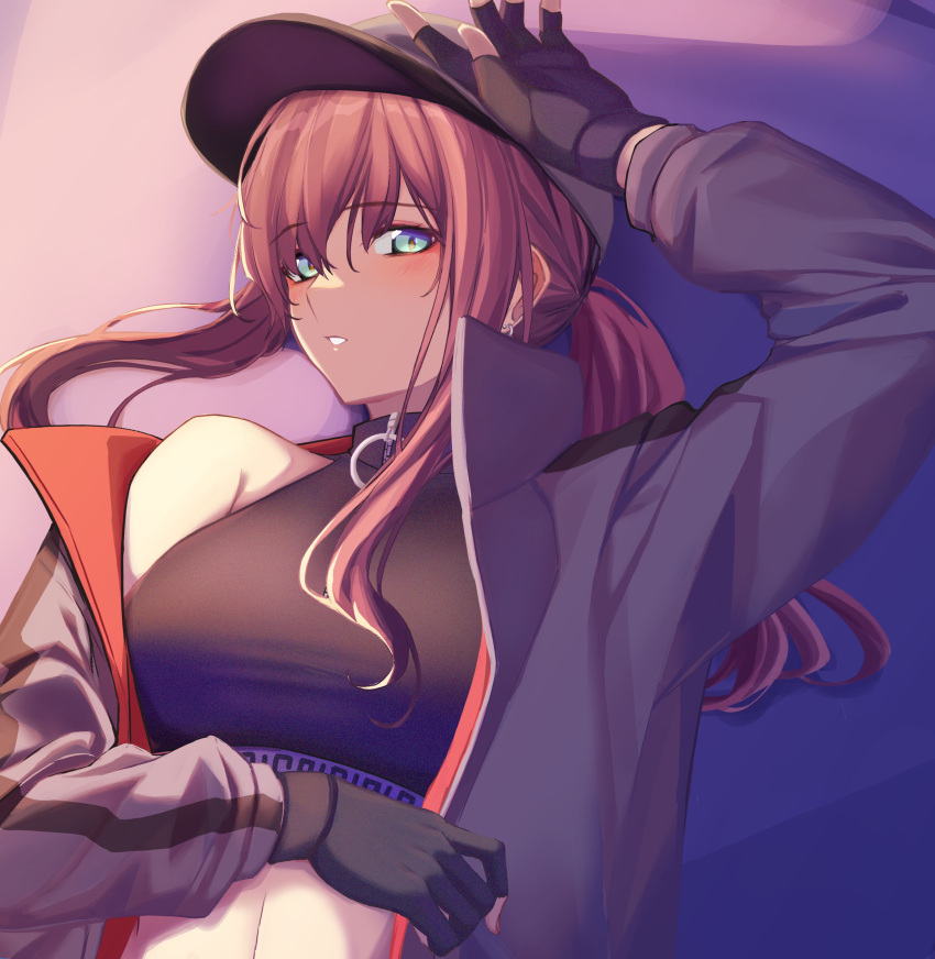 1girl 3_small_spiders absurdres ar-57_(girls'_frontline) bangs black_gloves black_tank_top blush breasts crop_top earrings eye_piercing eyebrows_visible_through_hair fingerless_gloves girls_frontline gloves hair_between_eyes hair_ornament hand_on_head hand_on_own_stomach highres jacket jewelry light_blue_eyes long_hair looking_at_viewer lying medium_breasts on_back open_clothes open_jacket open_mouth pink_hair simple_background solo tank_top upper_body white_headwear white_jacket
