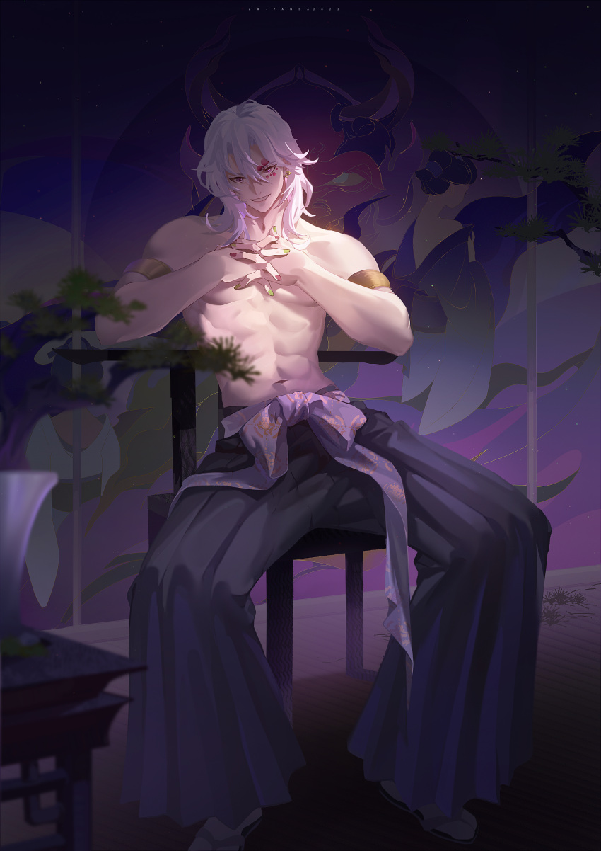 1boy abs absurdres armlet blurry bonsai chair depth_of_field earrings facial_mark green_nails hair_down hakama hands_up highres indoors interlocked_fingers japanese_clothes jewelry kimetsu_no_yaiba looking_at_viewer male_focus medium_hair multicolored_nails multiple_earrings nail_polish navel own_hands_together pleated_pants red_nails sash sitting smile solo stool sunlight tabit tatami toned toned_male topless_male uzui_tengen violet_eyes wallpaper_(object) white_hair white_legwear zm-panda- zouri