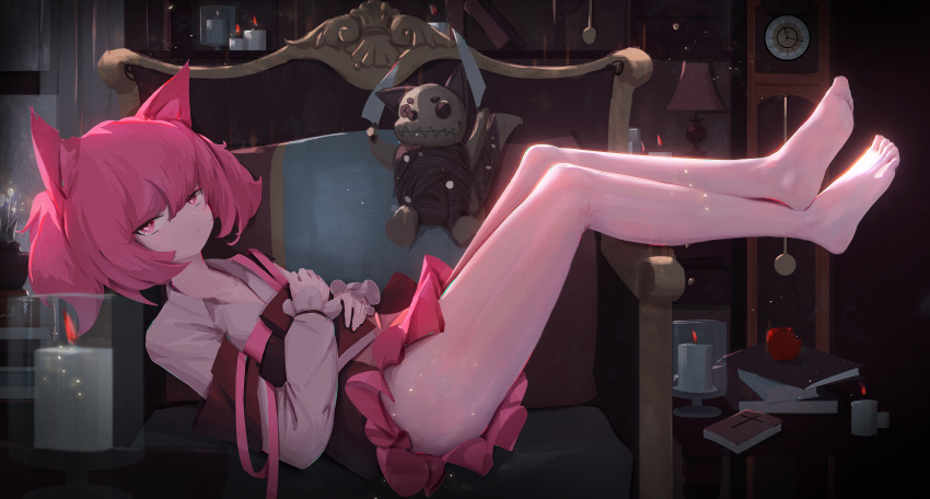 1girl absurdres animal_ear_fluff animal_ears apple arknights armchair black_skirt book candle chair closed_mouth commentary_request feet fire food frilled_skirt frills fruit high-waist_skirt highres indoors jian_po_ambercocoon knife legs long_sleeves looking_at_viewer lying object_hug on_back on_chair pantyhose pillow pink_hair puffy_long_sleeves puffy_sleeves red_apple shamare_(arknights) shirt skirt solo stuffed_animal stuffed_dog stuffed_toy twintails violet_eyes white_legwear white_shirt