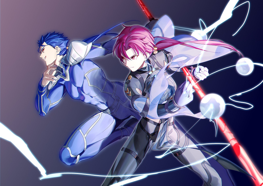1boy 1girl armor bangs bazett_fraga bazett_fraga_mcremitz black_bodysuit blue_bodysuit blue_hair bodysuit cu_chulainn_(fate) cu_chulainn_(fate/stay_night) earrings english_commentary fate/grand_order fate_(series) feet_out_of_frame fragarach_(fate) gae_bolg_(fate) gloves highres holding holding_polearm holding_weapon jewelry light_particles long_hair long_sleeves looking_at_another looking_to_the_side low_ponytail manannan_mac_lir_(fate) mole mole_under_eye polearm ponytail purple_hair red_eyes redhead smile solo spear weapon