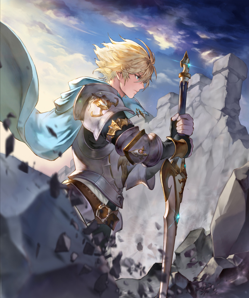 1boy absurdres armor blood blue_cape blue_eyes blue_sky blurry blurry_foreground breastplate cape fingerless_gloves from_side full_armor gauntlets gloves highres holding holding_sword holding_weapon knight minj_kim original outdoors pauldrons planted planted_sword rock rubble short_hair shoulder_armor sky solo sword weapon