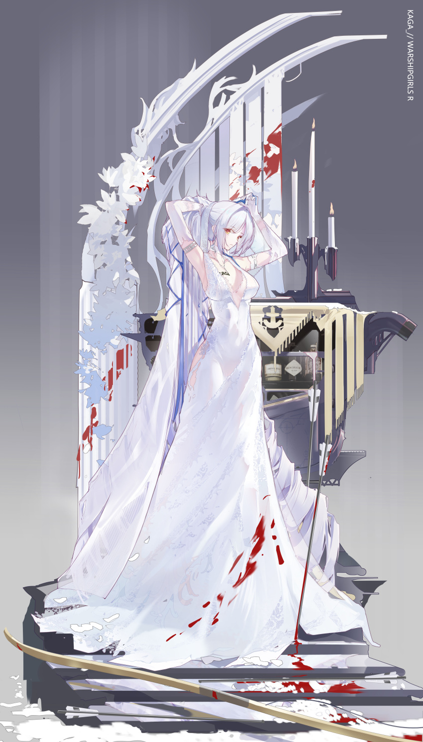 1girl absurdres breasts brown_eyes candle candlelight candlestand covered_navel detached_sleeves dress gloves highres kaga_(warship_girls_r) large_breasts long_dress long_hair ponytail solo stairs very_long_hair warship_girls_r white_dress white_gloves white_hair white_sleeves white_veil wuzhuang_caikuangche yumi_(bow)