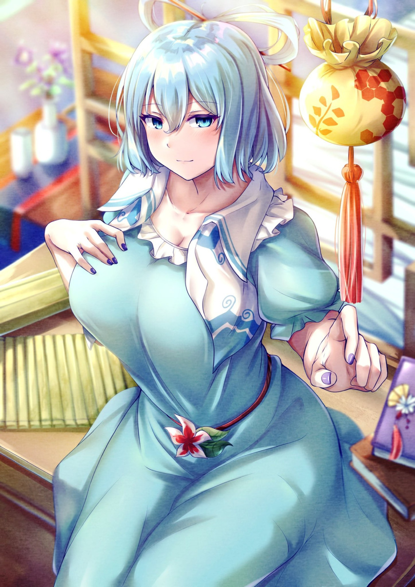 1girl \||/ bangs blue_eyes blue_hair blurry blurry_background book breasts chair closed_mouth eyebrows_visible_through_hair flower hair_between_eyes hair_ornament hair_rings hair_stick hand_on_own_chest highres kaku_seiga large_breasts looking_at_viewer mirufui pink_flower purple_nails short_hair short_sleeves sitting solo touhou vase vest white_vest