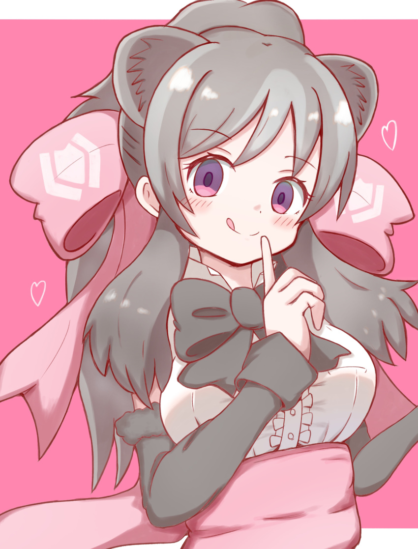 1girl :q animal_ear_fluff animal_ears bangs bear_ears bergman's_bear_(kemono_friends) black_bow black_hair black_sleeves blush bow breasts center_frills closed_mouth collared_shirt commentary_request detached_sleeves eyebrows_visible_through_hair frills fur-trimmed_sleeves fur_trim hair_bow heart highres kemono_friends long_hair looking_at_viewer medium_breasts pink_background pink_bow ponytail shirt sidelocks smile solo sunanuko_(ramuneko) tongue tongue_out two-tone_background upper_body very_long_hair violet_eyes white_background white_shirt