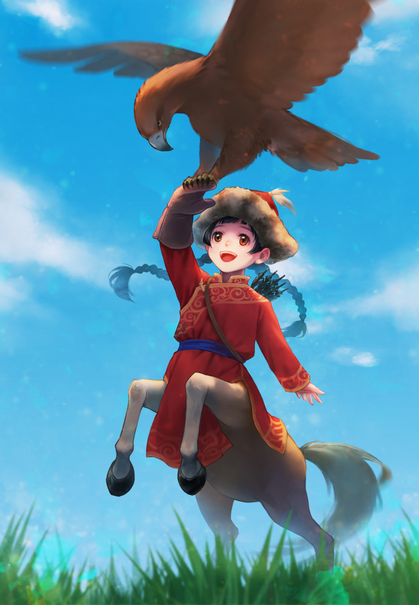 1girl :d absurdres arm_up arrow_(projectile) bangs bird bird_on_hand black_hair blue_sky blunt_bangs braid brown_eyes brown_gloves centaur centauroid clouds commentary_request day eagle fur-trimmed_headwear gloves grass hat highres legs_up long_hair long_sleeves looking_at_animal looking_up meadow mongolian_clothes nature original outdoors red_headwear sash single_glove sky smile standing taur twin_braids twintails yen-hui_chen