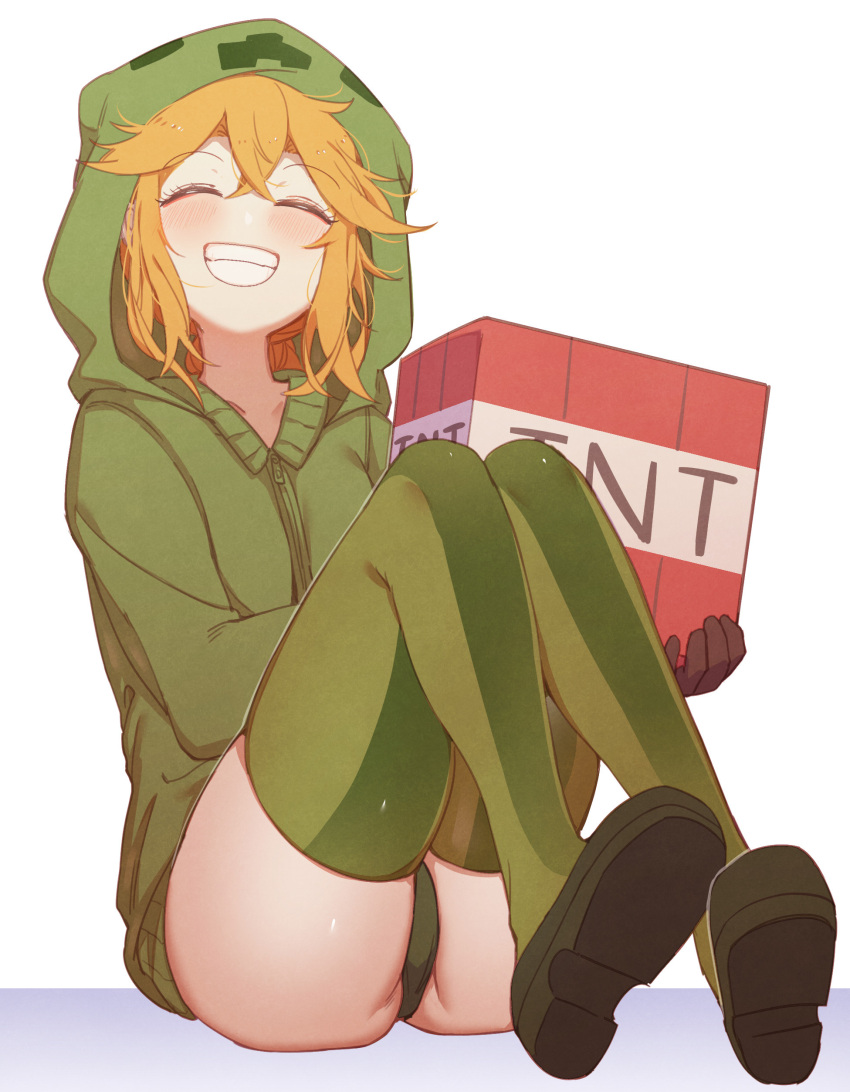 1girl absurdres ass at2. black_gloves blush boots breasts closed_eyes creeparka creeper cupa_(at2.) eyebrows_visible_through_hair gloves green_footwear green_jacket grin highres holding hood hood_up hooded_jacket jacket long_sleeves medium_hair minecraft open_mouth orange_hair personification small_breasts smile solo thigh-highs thigh_boots tnt white_background