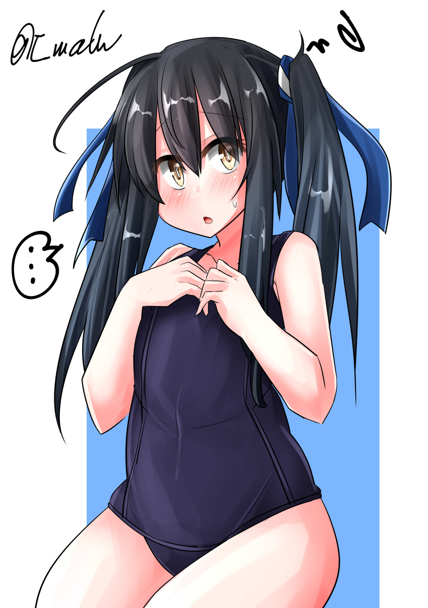 1girl absurdres alternate_costume alternate_hairstyle black_hair blue_background blue_headband blue_swimsuit covered_navel cowboy_shot eyebrows_visible_through_hair flat_chest hair_between_eyes hatsushimo_(kancolle) hatsushimo_kai_ni_(kancolle) headband highres kantai_collection long_hair old_school_swimsuit one-piece_swimsuit open_mouth school_swimsuit sitting solo speech_bubble sweatdrop swimsuit t_(dyuhuhudyukusi) twintails white_background yellow_eyes