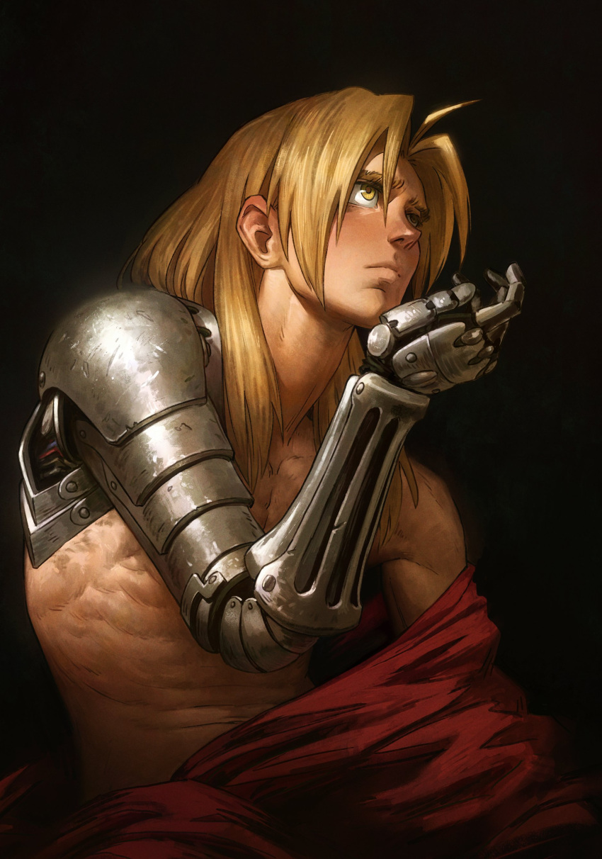 1boy abs absurdres automail blonde_hair commentary edward_elric english_commentary fullmetal_alchemist highres long_hair male_focus malin_falch mechanical_arms pectorals prosthesis simple_background single_mechanical_arm solo toned toned_male topless_male yellow_eyes
