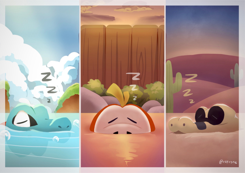 absurdres border bubble cactus closed_eyes clouds commentary_request day desert fuecoco highres no_humans onsen outdoors partially_submerged pokemon pokemon_(creature) refrone ripples sandile sky sleeping totodile twilight water white_border zzz