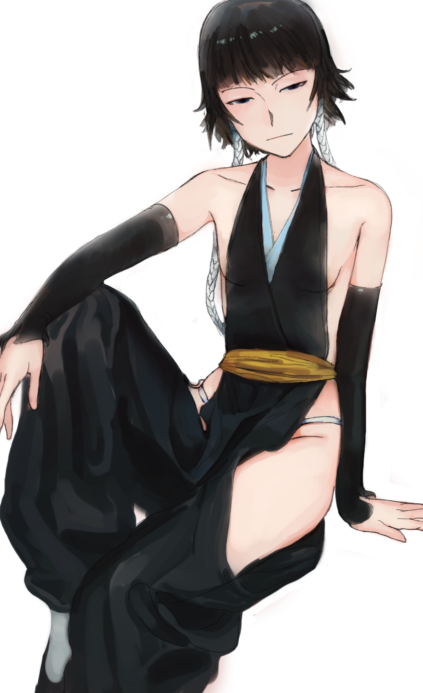 1girl absurdres bangs black_eyes black_hair bleach breasts highres japanese_clothes long_hair looking_at_viewer season_(artist) sitting small_breasts solo sui-feng