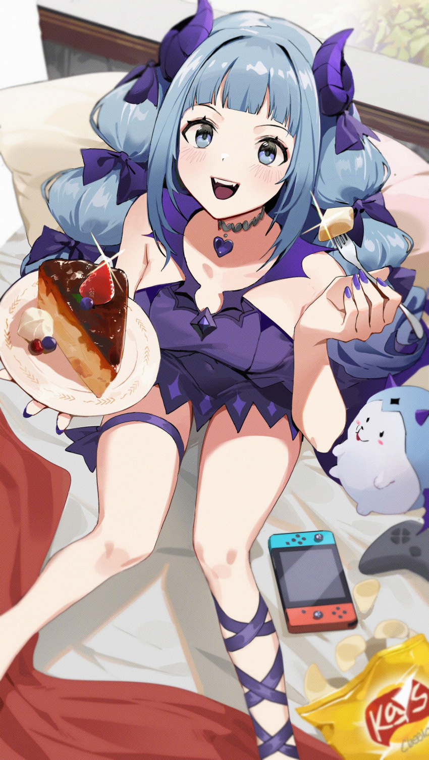 1girl absurdres akuru_(virtual_youtuber) bag_of_chips bare_shoulders bed_sheet berry blue_bow blue_dress blue_eyes blue_hair blue_nails blueberry blush bow cake cake_slice chips commentary controller dress fang food from_above fruit game_controller hair_bow heart heart_necklace highres holding holding_plate holding_up holding_utensil horns indie_virtual_youtuber kawa683 leg_ribbon long_hair looking_at_viewer multiple_hair_bows nail_polish nintendo_switch on_bed open_mouth pillow plate ribbon short_dress sitting sitting_on_bed sleeveless sleeveless_dress smile solo spiral_horn strawberry stuffed_toy teeth thigh_strap twintails virtual_youtuber whipped_cream