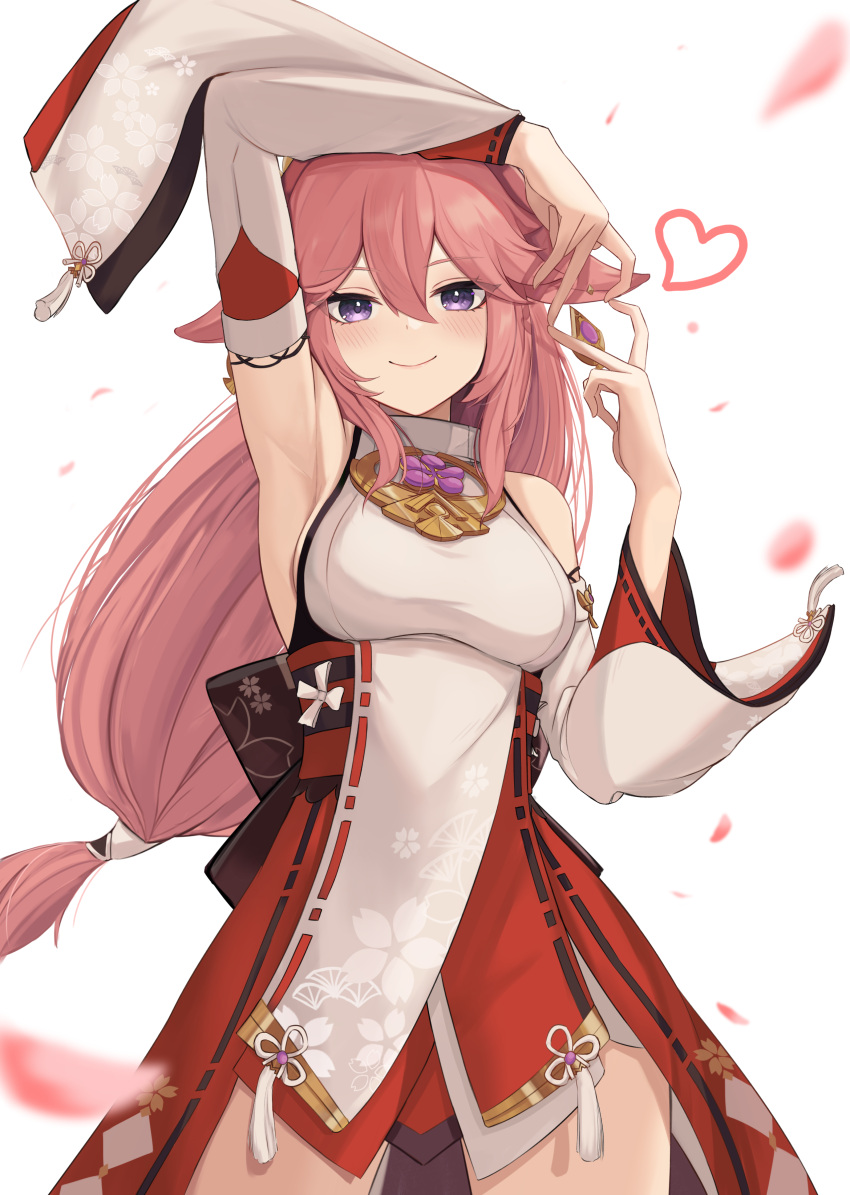1girl absurdres animal_ears arm_up armpits blush breasts cherry_blossoms commentary cowboy_shot detached_sleeves earrings eyebrows_visible_through_hair floppy_ears floral_print fox_ears genshin_impact hair_between_eyes hair_ornament heart heart_hands highres japanese_clothes jewelry light_smile long_hair looking_at_viewer low-tied_long_hair medium_breasts miko pendant petals pink_hair priestess ribbon-trimmed_sleeves ribbon_trim seranaru sideboob simple_background solo tassel violet_eyes vision_(genshin_impact) white_background wide_sleeves yae_miko