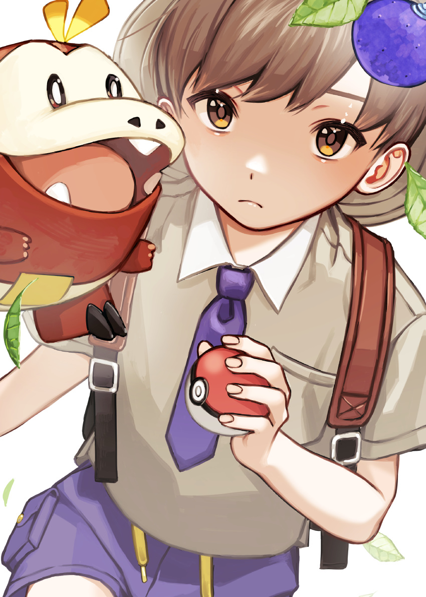 1boy absurdres bangs berry_(pokemon) brown_eyes brown_hair closed_mouth collared_shirt commentary_request fingernails frown fuecoco gen_9_pokemon highres hiiragi_hizasi holding holding_poke_ball leaf looking_at_viewer male_focus male_protagonist_(pokemon_sv) necktie oran_berry poke_ball poke_ball_(basic) pokemon pokemon_(game) pokemon_sv purple_necktie purple_shorts shirt short_sleeves shorts strap