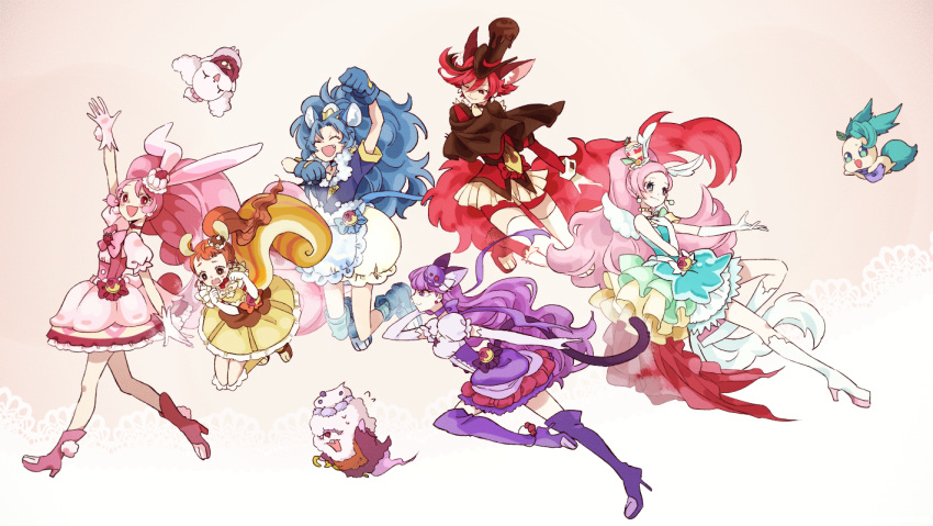 6+girls :d animal_ears arisugawa_himari bike_shorts bike_shorts_under_skirt blue_eyes blue_hair blue_jacket boots brown_cape brown_hair cape cat_ears cat_tail character_request closed_eyes commentary_request cure_chocolat cure_custard cure_gelato cure_macaron cure_parfait cure_whip dog_ears dog_tail dress everyone eyelashes gradient gradient_background hair_ornament happy hat high_heel_boots high_heels jacket juliet_sleeves kenjou_akira kirahoshi_ciel kirakira_precure_a_la_mode kogecha kotozume_yukari long_hair long_sleeves magical_girl multicolored_hair multiple_girls open_mouth pink_dress pink_eyes pink_hair ponytail precure puffy_sleeves purple_dress purple_hair rabbit_ears red_eyes red_jacket redhead short_hair shorts smile streaked_hair tail tategami_aoi thigh-highs thighs top_hat twintails usami_ichika violet_eyes