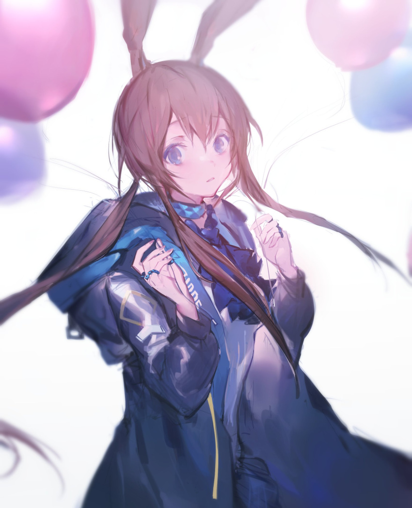 1girl amiya_(arknights) animal_ears arknights ascot backlighting balloon black_coat blue_ascot blue_collar blue_eyes blue_skirt brown_hair clothes_writing coat collar cowboy_shot hair_between_eyes hands_up highres holding holding_string jewelry long_hair looking_at_viewer multiple_rings open_clothes open_coat parted_lips ponytail rabbit_ears ring shirt sidelocks simple_background skirt solo string thumb_ring uyuu_(hirameki) very_long_hair white_background white_shirt