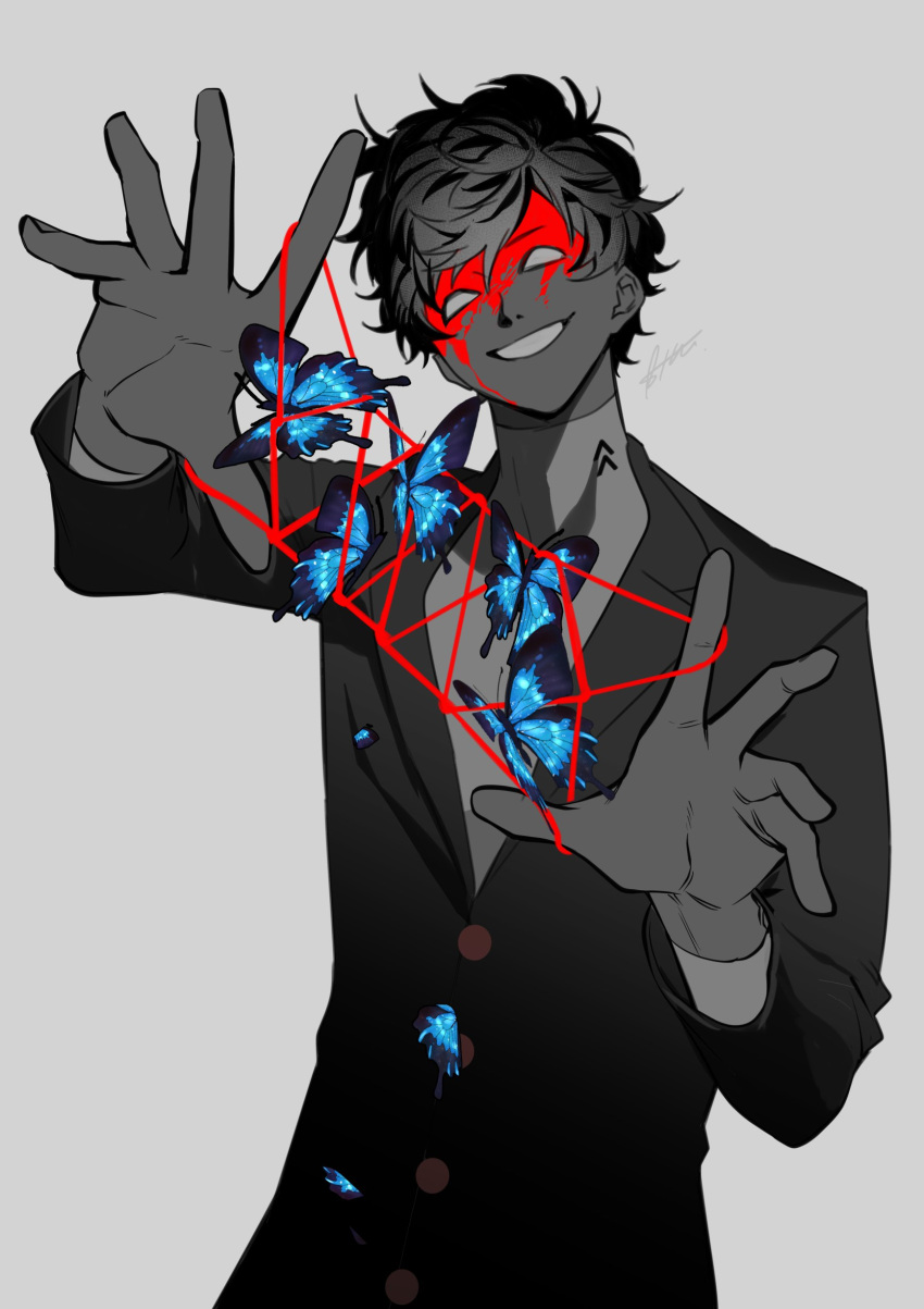 1boy absurdres amamiya_ren black_jacket blank_eyes blood blood_on_face blue_butterfly btmr_game bug butterfly cat's_cradle grey_background hair_between_eyes highres jacket limited_palette long_sleeves looking_at_viewer male_focus persona persona_5 school_uniform shirt shuujin_academy_uniform signature simple_background solo upper_body
