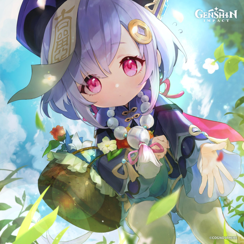 1girl absurdres artist_request bangs basket bead_necklace beads closed_mouth clouds coin_hair_ornament day dress english_commentary flower flying_sweatdrops genshin_impact grass hair_between_eyes hair_ornament hat highres holding jewelry leaf logo long_hair looking_at_viewer necklace official_art ofuda outdoors pink_eyes purple_hair purple_headwear qing_guanmao qiqi_(genshin_impact) red_flower sky solo tassel thigh-highs white_flower white_legwear